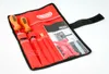 A red tool roll-up pouch containing various chainsaw sharpening tools, laid out on a white background. Produktbild-Vorschau