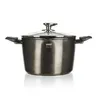 A studio shot of a metallic gray pot with a glass lid and silver handles, set against a white background. Produktbild-Vorschau