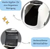 Collage showing a cat litter box with close-ups of its features and descriptive text. Produktbild-Vorschau
