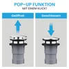 Diagram showing a pop-up drain mechanism in open and closed positions. Produktbild-Vorschau