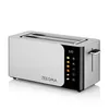 A silver and black toaster with a digital display and controls, shown on a white background. Voir les images du produit
