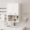 A white bathroom cabinet with two doors and open shelves above a sink, with a towel rack on the left and a soap dispenser on the right. Náhled obrázku produktu
