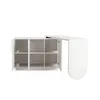 A white cabinet with open doors revealing shelves, attached to a white desk with a curved end. Produktbild-Vorschau