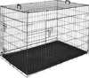 A black wire dog crate with a black plastic tray is shown against a white background.