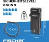 Marketing image showing a folded bike lock with various specifications and features. Produktbild-Vorschau