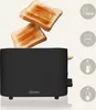 A black toaster with two slices of toast popping out, with icons indicating features on the right side. Produktbild-Vorschau