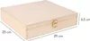 A light-colored wooden box with a metal latch is shown from a slightly elevated angle, with dimensions indicated by lines and text. Produktbild-Vorschau