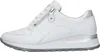 A side view of a white leather and textile women's sneaker with silver accents. Produktbild-Vorschau