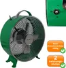 A retro-style green desk fan is shown from the front and side, with close-ups of its controls and informational badges. Produktbild-Vorschau