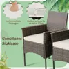 Close-up of outdoor rattan chairs with cushions, featuring illustrative callouts highlighting product features. Podgląd zdjęcia produktu