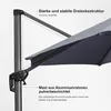 Close-up of an umbrella's structural components and fabric, with text annotations highlighting features. Produktbild-Vorschau