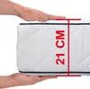 A hand is shown pressing down on a mattress, with a red measurement graphic indicating the height. Produktbild-Vorschau