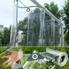 A collage of images showing a clear PVC tarp, a hand touching the tarp, a corner detail of the tarp, and a rolled-up tarp. Produktbild-Vorschau