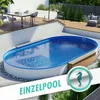 An oval-shaped swimming pool is set into a backyard patio with wooden decking and white walls. There is outdoor furniture visible on the deck. Produktbild-Vorschau