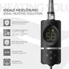 A product shot of a black heating element with a digital display and various feature icons and text descriptions. Náhled obrázku produktu