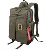 A green backpack with an emblem and a red tag. Produktbild-Vorschau