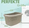 A laundry basket is shown next to a washing machine, with dimensions indicated by text overlays. Produktbild-Vorschau