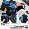 A person is holding a black wallet-style phone case, showcasing its card slots and a zippered compartment. Insets highlight specific features like card removal and coin pockets. Produktbild-Vorschau