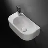 A white wall-mounted sink with a chrome faucet against a dark gray wall and black floor. Produktbild-Vorschau