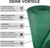 A roll of green plastic mesh fencing is shown next to a list of its benefits. Produktbild-Vorschau
