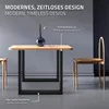 A modern dining table with a wooden top and black metal legs, placed in a minimalist room setting with a chair. Text overlays describe the design and dimensions. Podgląd zdjęcia produktu