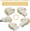 A collage of images showing a beige sofa in various configurations, including its transformation into a sofa bed and an L-shaped sofa. Podgląd zdjęcia produktu