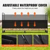A black waterproof cover for a log rack, shown outdoors on a lawn with a stack of firewood underneath. The image includes close-up shots of the fabric, zipper, and velcro fasteners. Podgląd zdjęcia produktu