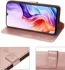 A collage of images showing a rose gold flip phone case for a ZTE Blade V70 Max, with close-ups of the case's texture and closure. Produktbild-Vorschau
