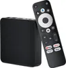 A black streaming box and its remote control are shown against a white background. Produktbild-Vorschau