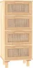 A tall, narrow wooden cabinet with four drawers, each featuring a woven rattan panel, is shown against a white background. Anteprima dell’immagine prodotto