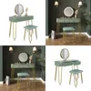 Collage of a green vanity table with gold legs and a matching stool, shown from different angles and in different settings. Produktbild-Vorschau