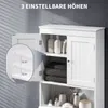 Close-up view of an open white bathroom cabinet, showing shelves with bottles and folded towels, with a measurement indicator on the left. Náhled obrázku produktu