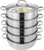 A stack of stainless steel steaming pots with a glass lid on top, containing a steamed fish. Podgląd zdjęcia produktu