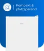 A white mini refrigerator against a blue background with text indicating it is compact and space-saving. Produktbild-Vorschau