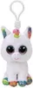 A white plush unicorn toy with rainbow accents and large glittery eyes, attached to a white clip. Anteprima dell’immagine prodotto