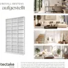 A collage showcasing a white shelving unit in different room settings. Produktbild-Vorschau