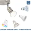 A collage of a ceiling spotlight and various GU10 light bulbs, some showing different colors and types. Produktbild-Vorschau