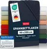 A dark blue fitted sheet is displayed prominently, with a stack of other colored fitted sheets visible on the left and right sides. Product information and certifications are presented on tags and labels. Náhled obrázku produktu