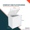 A white chest freezer with its lid open, showing dimensions and marketing text. Produktbild-Vorschau