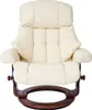A cream-colored recliner chair with a wooden base and footrest, shown from the front. Náhled obrázku produktu