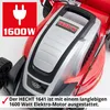 A close-up view of a red electric lawnmower, highlighting its motor specifications. Produktbild-Vorschau