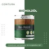 A can of Contura Bio-Holzöl wood oil is shown against a split white and green background, with marketing text and logos. Produktbild-Vorschau
