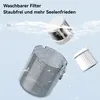 A disassembled vacuum cleaner filter and dustbin are shown with water droplets, suggesting it is washable. Produktbild-Vorschau