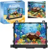 A collage of images showing a building block set of an aquarium with a turtle and fish, along with its packaging. Náhľad obrázku produktu