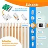 A collage of images showing accessories for a radiator thermostat, including batteries, adapters, and different valve types, along with a diagram illustrating how to attach the thermostat. Produktbild-Vorschau