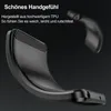 A black phone case is shown with text describing its features. Produktbild-Vorschau