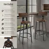 Two bar stools are shown in a kitchen or dining area, with descriptive text and icons on the left side. Náhled obrázku produktu