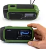 A collage of two images showing a green emergency radio. The top image shows the radio from a slightly elevated front-left angle. The bottom image shows a hand holding the radio, displaying its screen. Produktbild-Vorschau