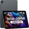 A tablet is shown with its screen displaying colorful abstract art and text overlays highlighting its specifications. The back of another tablet is visible behind it. Produktbild-Vorschau