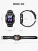 Product size chart for a smartwatch, showing dimensions and different views of the watch. Produktbild-Vorschau